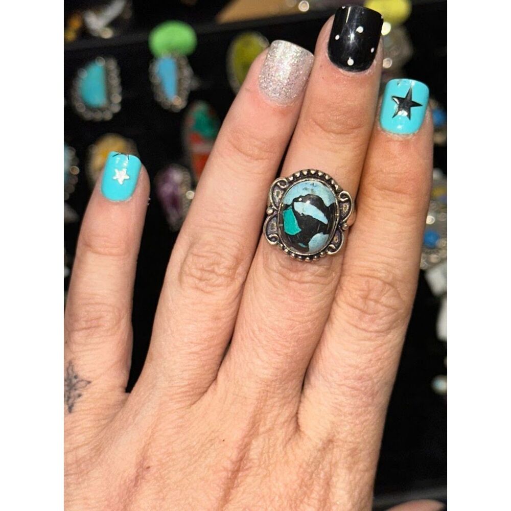 Blue Mosaic Turquoise Sterling Silver Overlay Ring Size 7